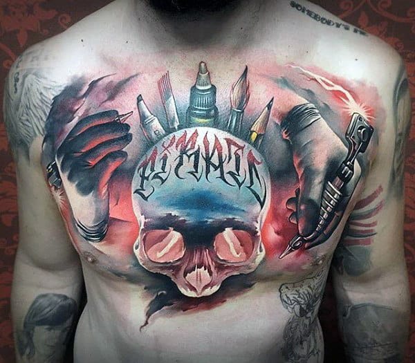 Artistic Skull Male Chest Tattoos