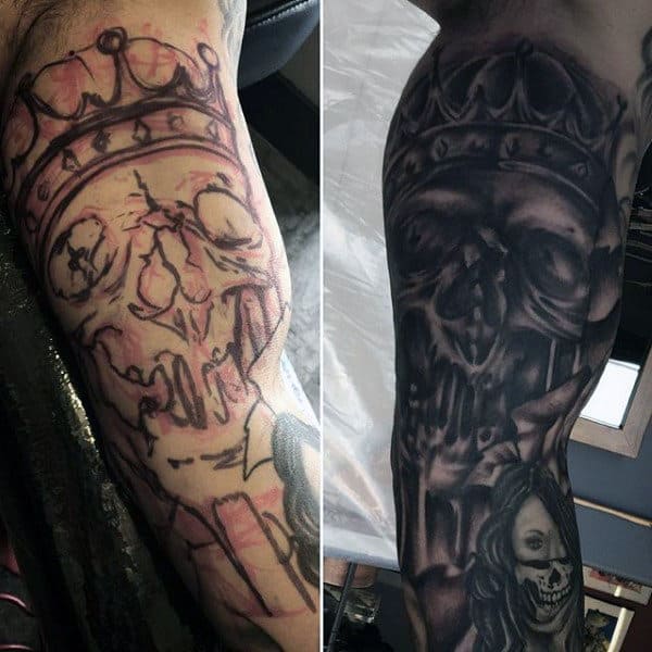 Artistic Skull With Crown Tattoo Sleeves For Guys