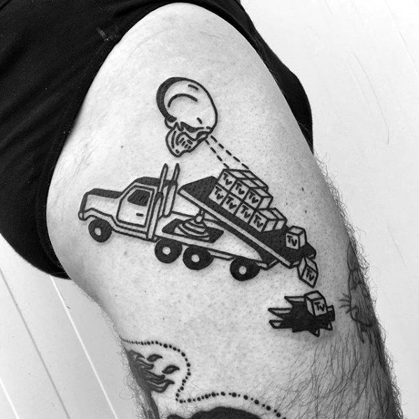 Artistic Skull With Truck Mens Simple Thigh Tattoo