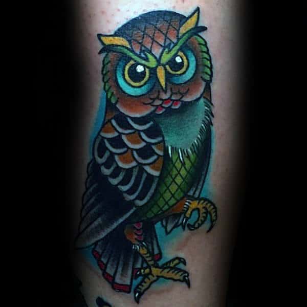 Artistic Traditional Colorful Male Owl Arm Tattoos