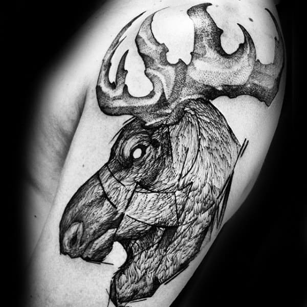 Artistic Upper Arm Mens Moose Tattoos With Black Ink