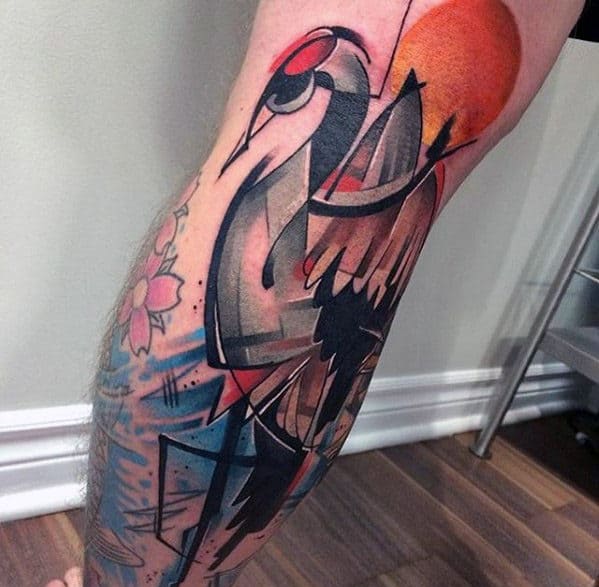 Artistic Watercolor Crane Mens Leg Tattoo