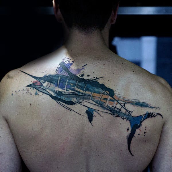 Artistic Watercolor Swordfish Mens Upper Back Tattoo
