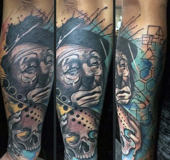 Artistis Clown With Skull Guys Watercolor Forearm Sleeve Tattoos