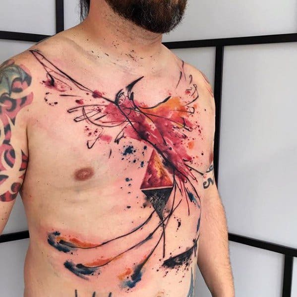 Artsy Phoneix Watercolor Guys Chest Tattoo