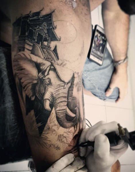 Asian Elephant In Temple Tattoo Guys Arm