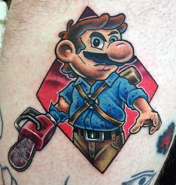 Creative Mario tattoo featuring a mashup with Ash Williams from *Evil Dead*, showcasing a rugged look, chainsaw hand, and adventure gear.