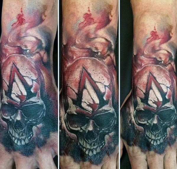 Assassins Creed Mens Skull Watercolor Hand And Wrist Tattoos