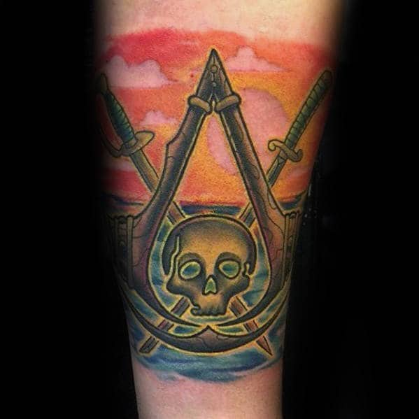 Assassins Creed Sunset Over Ocean Mens Forearm Tattoo