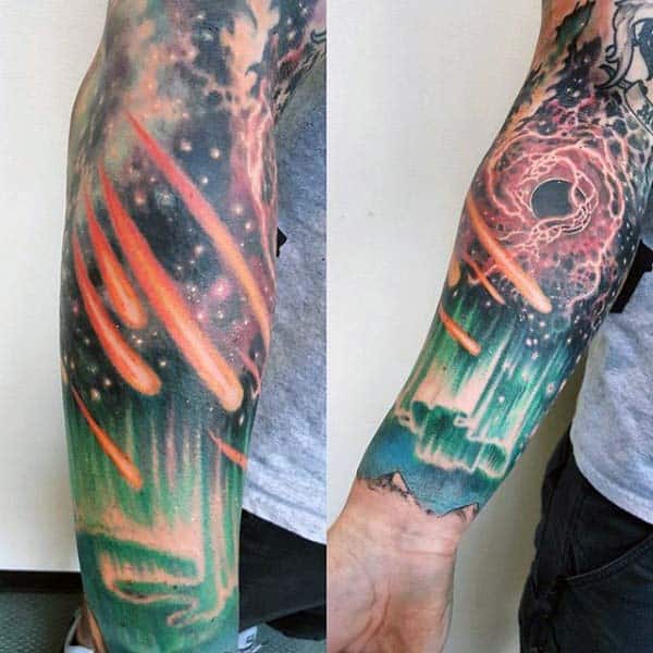 Asteroids In The Sky With Nothern Lights Male Sky Sleeve Tattoos