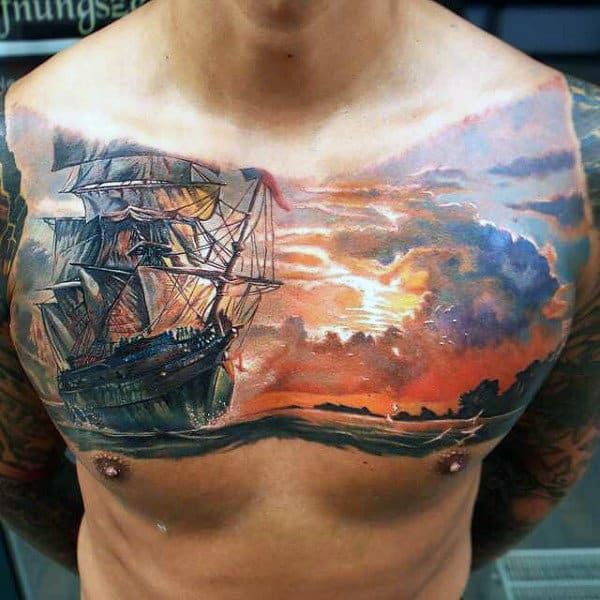 Astounding Orange Sky And Ship Tattoo Mens Chest