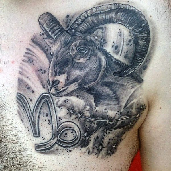 Astrological Sign Capricorn Mens Shaded Upper Chest Tattoo Design Ideas