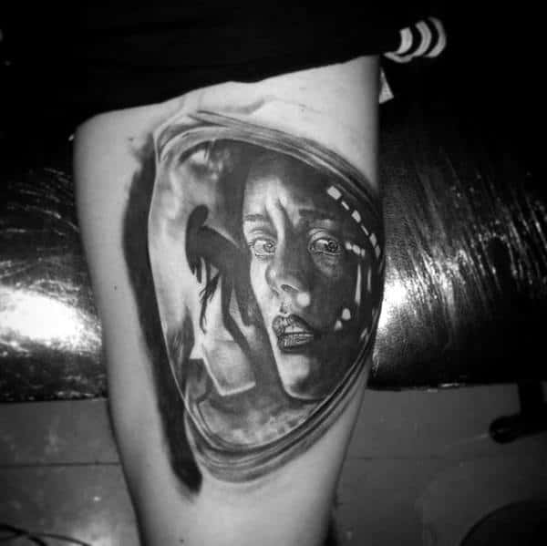 Astronaut Helmet Alien Mens Thigh Tattoo