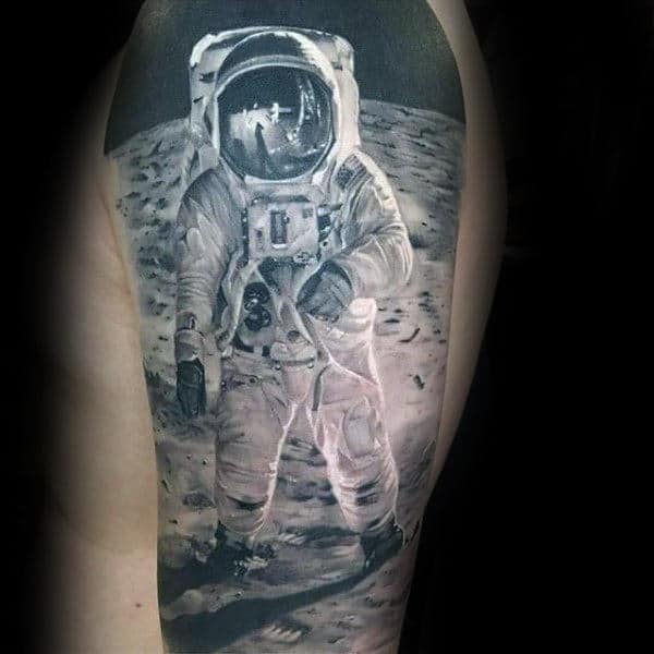 Astronaut On The Moon Black Ink Mens Half Sleeve Tattoo