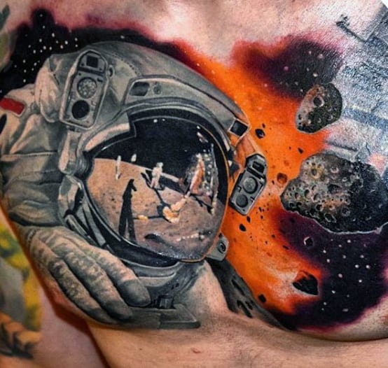 Astronaut Reflection Chest Tattoos For Men