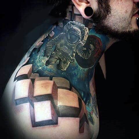 Astronaut Tattoo With 3D Blocks Tattoo Guys Shoulder
