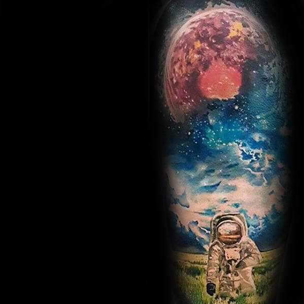 Astronaut With Moon Guys Realistic Sky Sleeve Tattoos