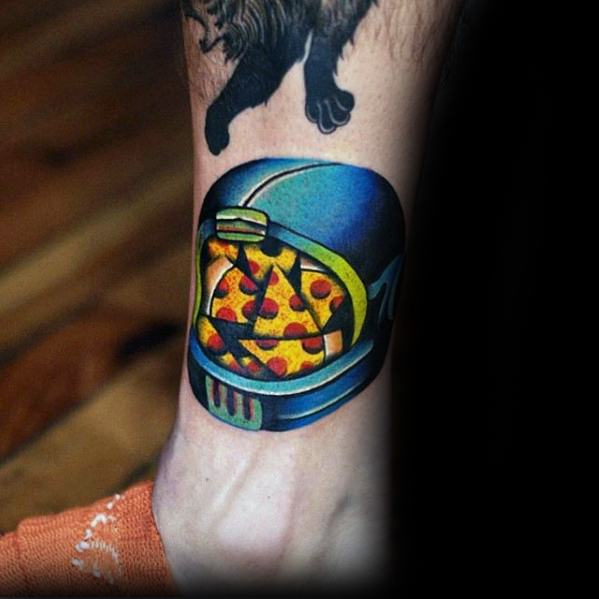 Astronauth Helmet Modern Pizza Tattoos For Gentlemen On Lower Leg