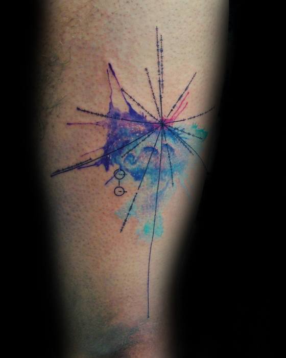 Abstract tattoo featuring a pulsar map, with watercolor splash and intersecting lines on skin