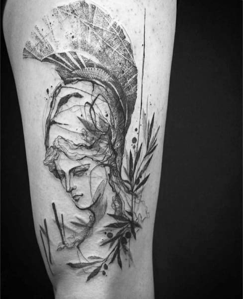 Abstract Athena tattoo design with sketch-style lines, textured helmet, and olive branch elements on the upper arm