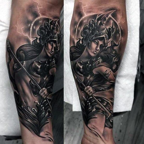Realistic Athena tattoo with dramatic lighting, detailed armor, spear, and stormy background for a powerful warrior goddess look