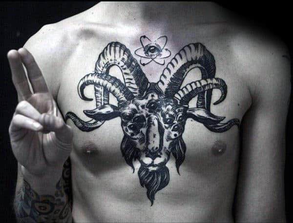 Atom With Multiple Horn Goat Mens Chest Tattoos