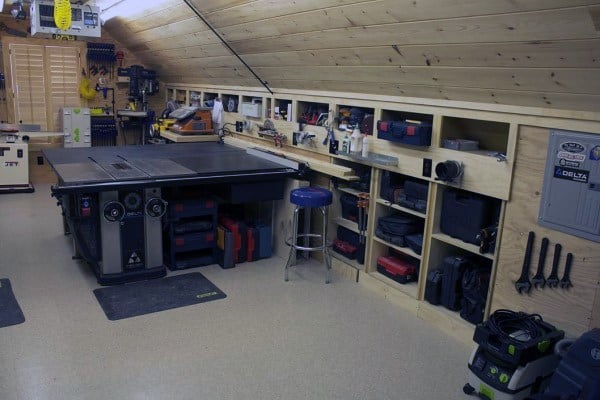 attic wood workshop large saw wall storage