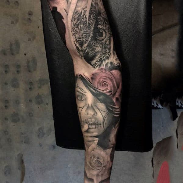 Attractive Day Of The Dead Lady And Rose Tattoo Guys Sleeves