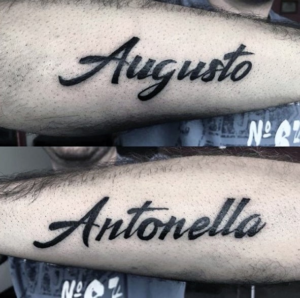 augsto and antonella mens kids name outer forearm tattoo