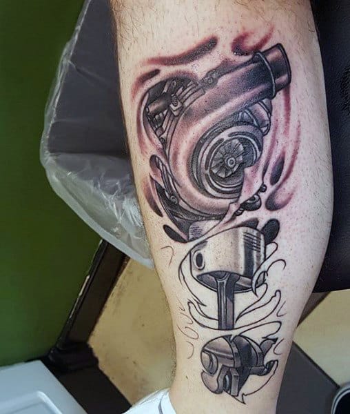 Automotive Themed Piston Tattoos For Men On Leg