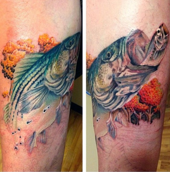 Autumn Themed Fishing Bass Tattoo Inspiration For Men