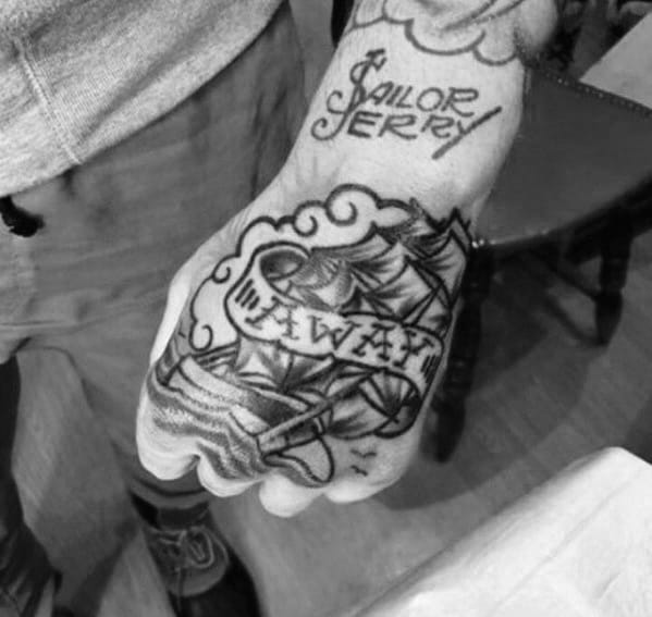 Away Banner Sailor Jerry Mens Traditional Ship Hand Tattoo