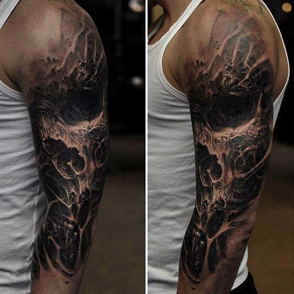 Awesome 3d Black Ink Skull Mens Half Sleeve Tattoos