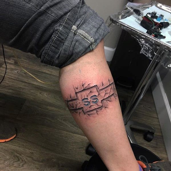 Awesome 3d Chevy Ss Logo Stone Mens Leg Tattoo