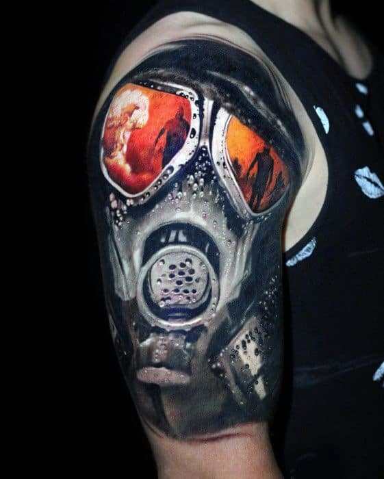 Awesome 3d Realistic Gas Mask Mushroom Cloud Half Sleeve Tattoos For Men