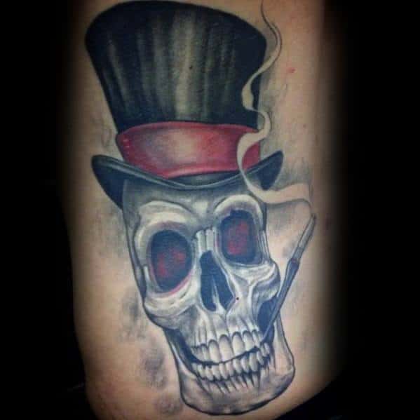 Awesome 3d Skull Rib Cage Side Top Hat Tattoos For Men