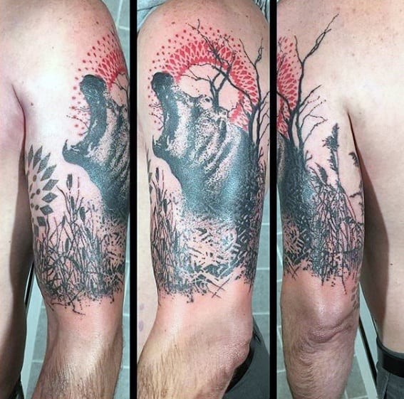 Awesome Abstract Black And Red Ink Quarter Sleeve Hippo Tattoos For Men
