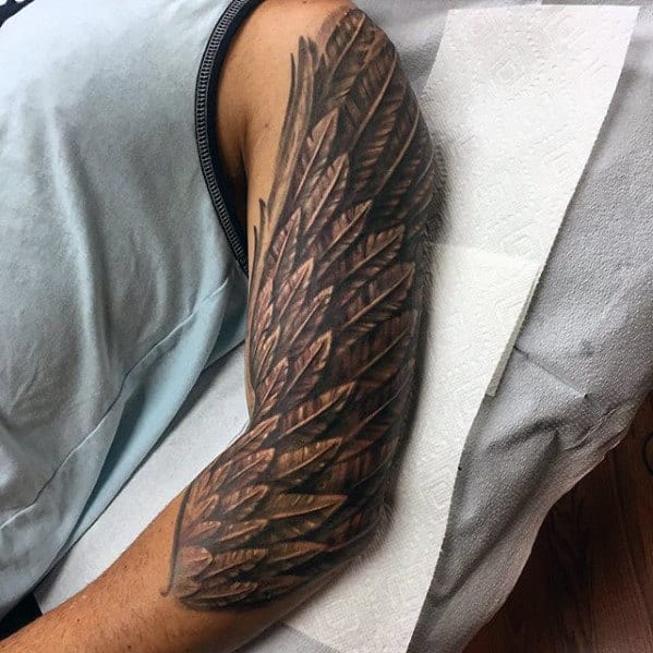 Awesome Arm Feather Mens Tattoo Ideas
