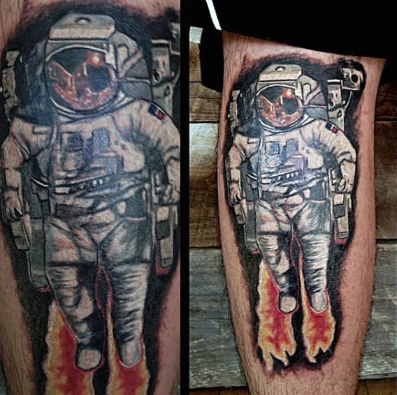 Awesome Astronaut Tattoo On Mens Lower Legs