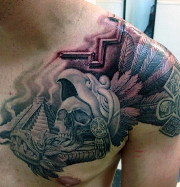 Awesome Aztec Warrior With Pyramid Mens Shaded Chest And Shoulder Tattoo