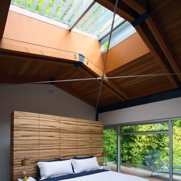 Modern bedroom with vaulted wood ceiling, skylight, and garden view.