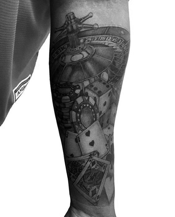 Awesome Black And Grey Ink Shaded Forearm Sleeve Poker Chip Tattoos For Men
