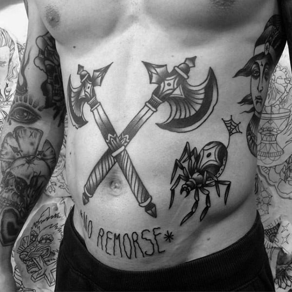 Awesome Black And Grey Ink Shaded Traditional Stomach And Chest Axe Tattoos For Men
