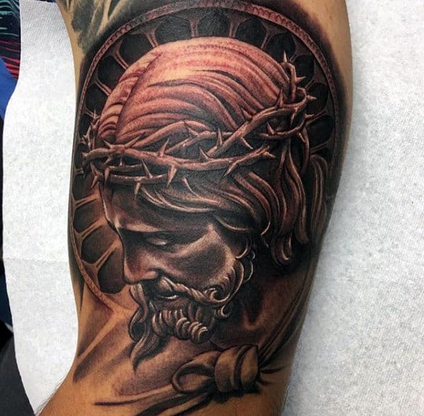 Awesome Black And Grey Male Jesus Arm Tattoo