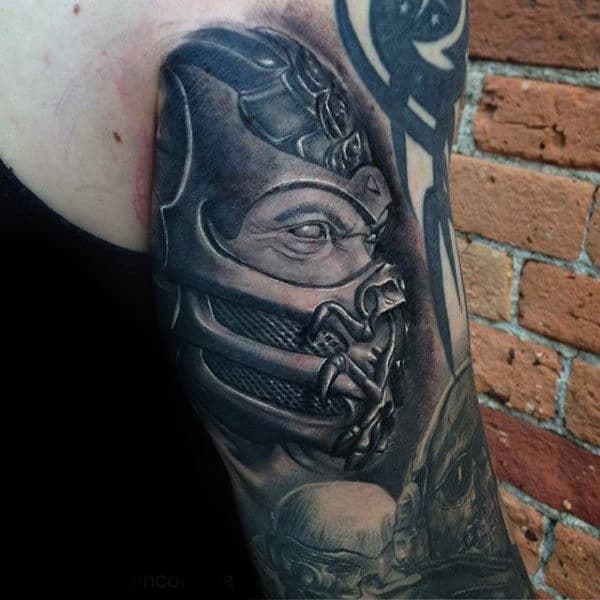 Awesome Black And Grey Shaded Mortal Kombat Back Of Arm Tattoos For Guys