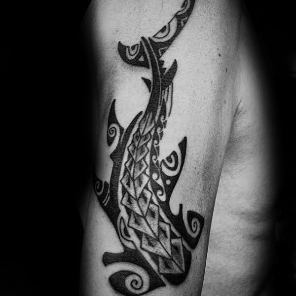 Awesome Black Ink Arm Tattoo Of Tribal Shark For Men