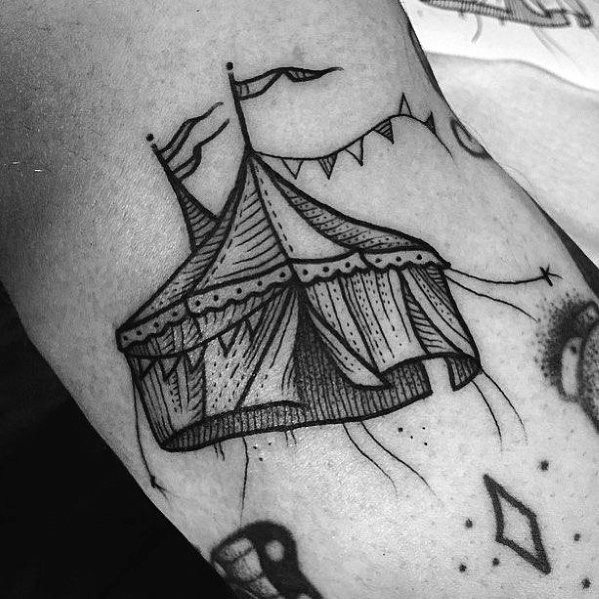 Awesome Black Ink Circus Tent Arm Tattoos For Men