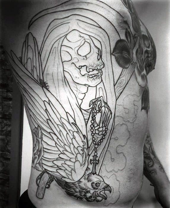 Awesome Black Ink Outline Grim Reaper Scythe Rib Cage Side Tattoos For Men