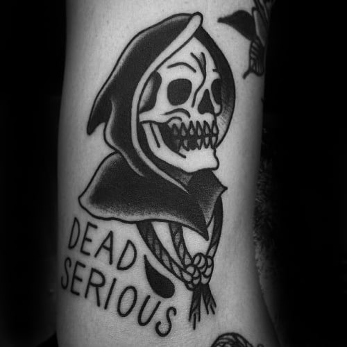 Awesome Black Ink Traditional Dead Serious Reaper Tattoos For Men On Arm