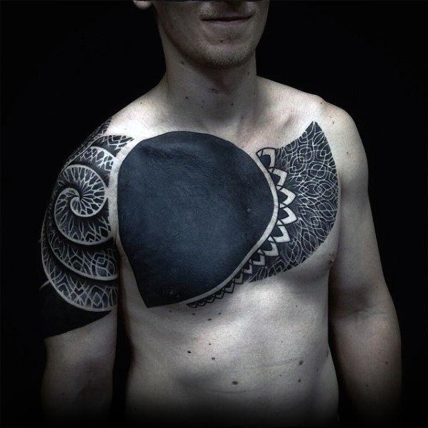 Awesome Blackwork Guys Pattern Geometric Cover Up Chest Tattoo Designs